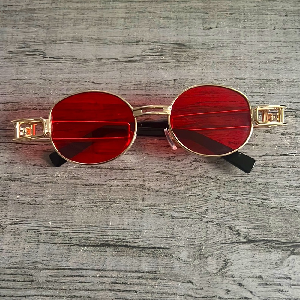 Men’s red lens glasses with gold frame